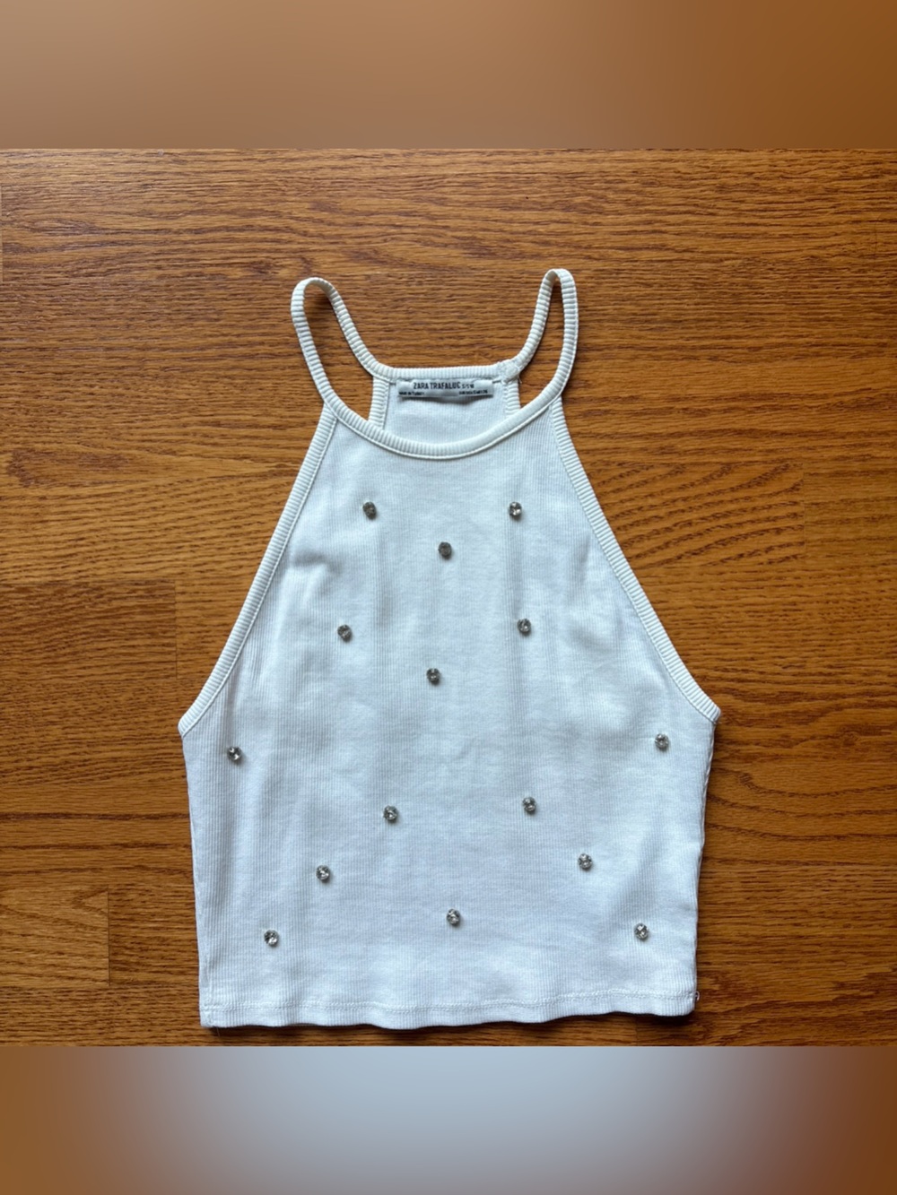 Zara White Halter Crop Tank with Crystal Studs